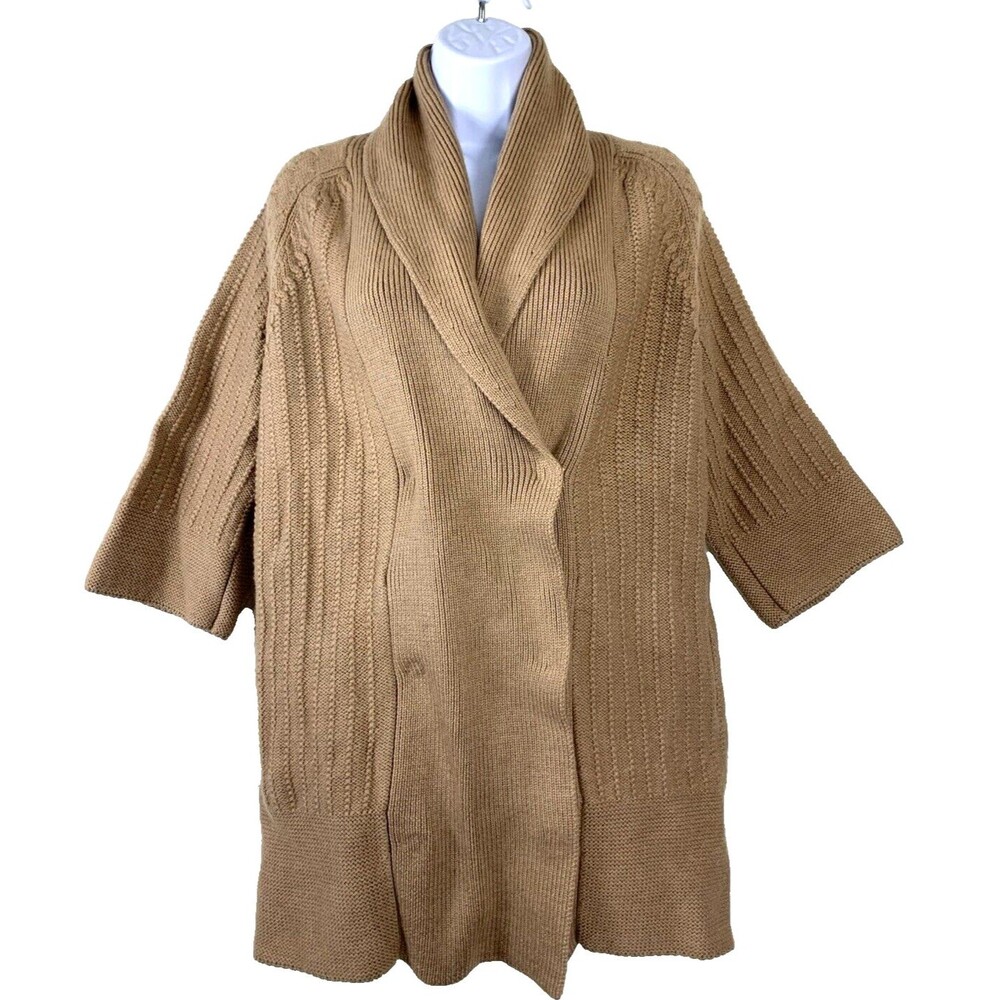 Anne Klein Women XL 100% Merino Wool Cable Knit Cardigan Tan Pockets 3/4 Sleeve